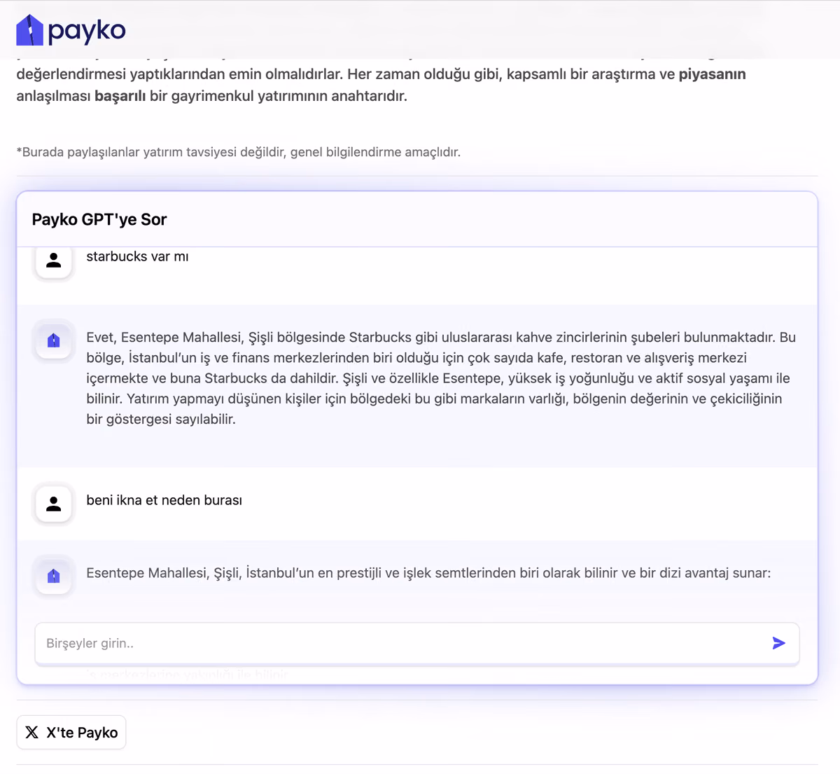 Mahalle sayfasının altına gömülü “Payko GPT’ye Sor” kutusu; iki soru ve iki cevap görünüyor