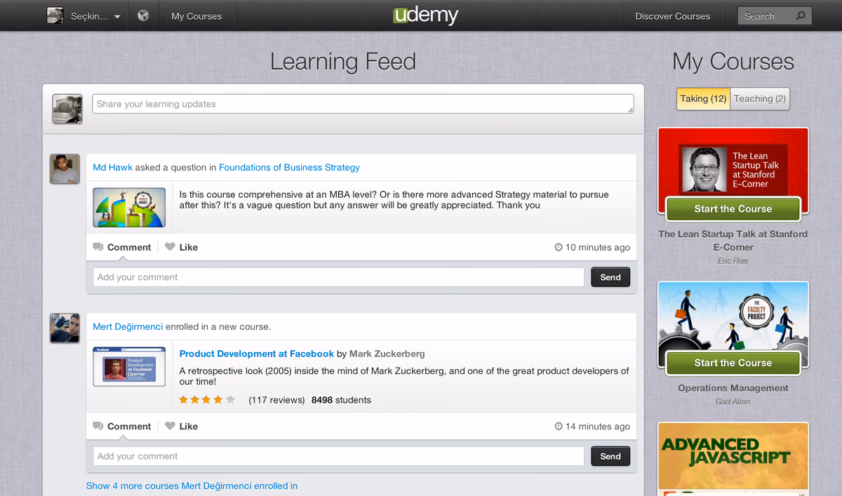 Udemy’nin eski arayüzünde kurs akışı